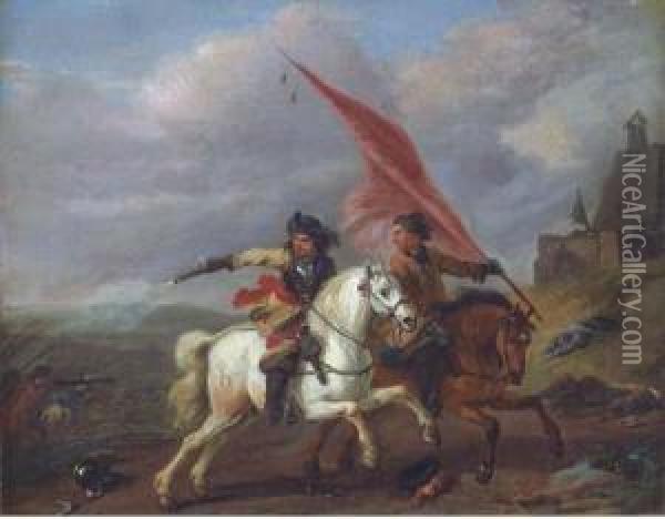 Cavalrymen Protecting The Flag, A Skirmish Beyond Oil Painting - Dirck Willemsz. Stoop