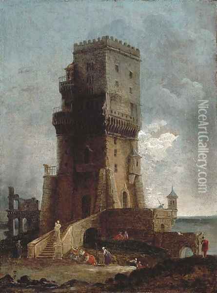 A capriccio of a tower with figures in the foreground, ruins and the sea beyond Oil Painting - Hubert Robert