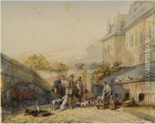 Huntsmen In 17th Century Dress With Their Hounds In A Courtyard,the Hague Oil Painting - Eugene Isabey