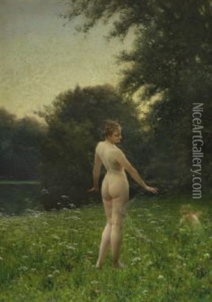 Nymphe Und Amorette Am Waldteich Oil Painting - Heinrich Lossow