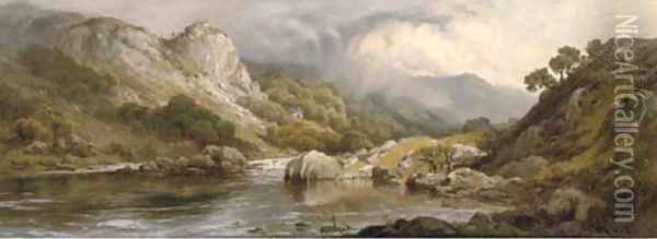 Anglers on a riverbank, said to be on the Conway, North Wales Oil Painting - Edward Henry Holder