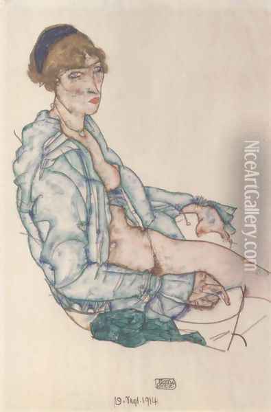 Sitting woman with blue hair ribbon Oil Painting - Egon Schiele