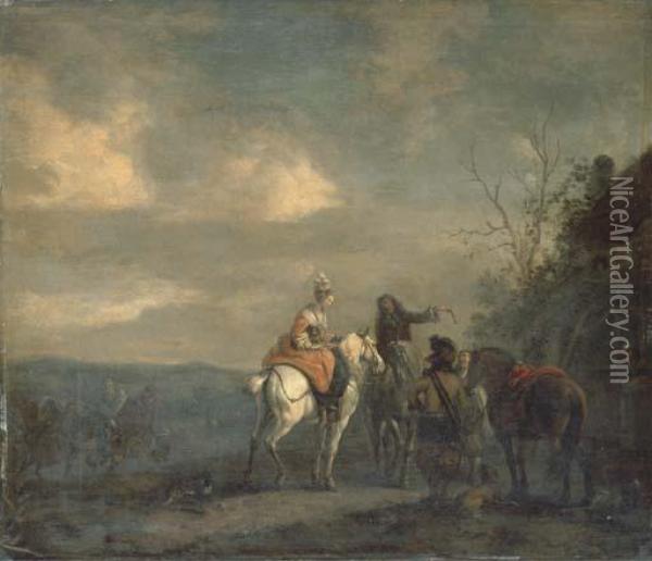 Elegant Company On Horseback At Halt Outside A Cottage, A Landscape Beyond Oil Painting - Pieter Wouwermans or Wouwerman