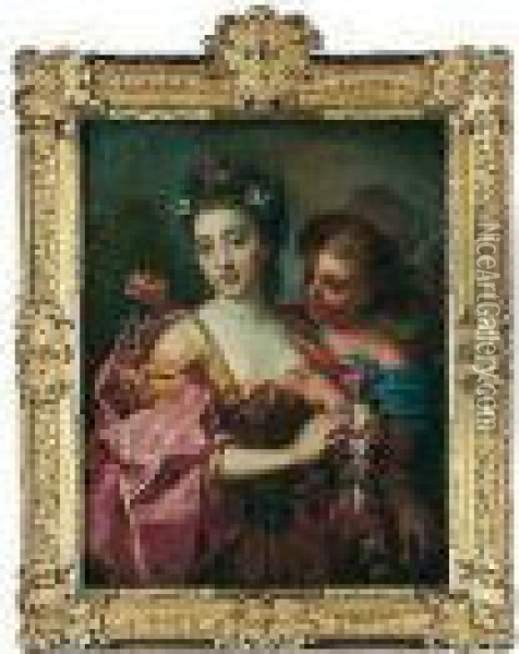 Portrait Of A Lady As Flora, Three-quarter Length, Accompanied By Zephyr Oil Painting - Nicolas Fouche