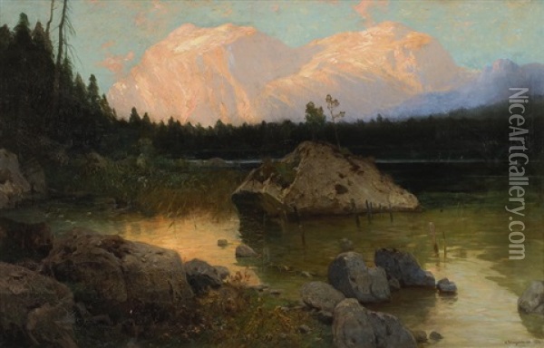 Bergsee Mit Gebirgskette Im Abendrot Oil Painting - Albert Stagura