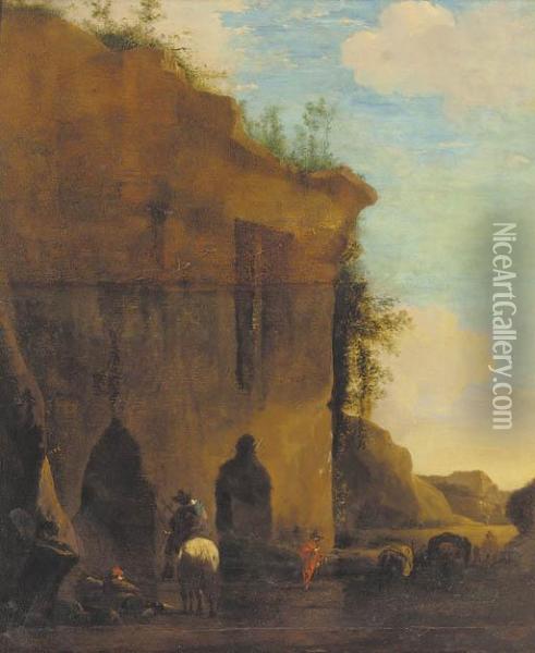 Travellers By A Ruin Oil Painting - Nicolaes Berchem
