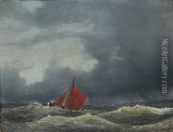 Seascape With A Sailboat In Rough Seas Oil Painting - Vilhelm Melbye