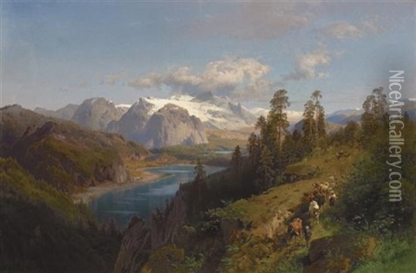 Herding By The River Oil Painting - Hermann Herzog