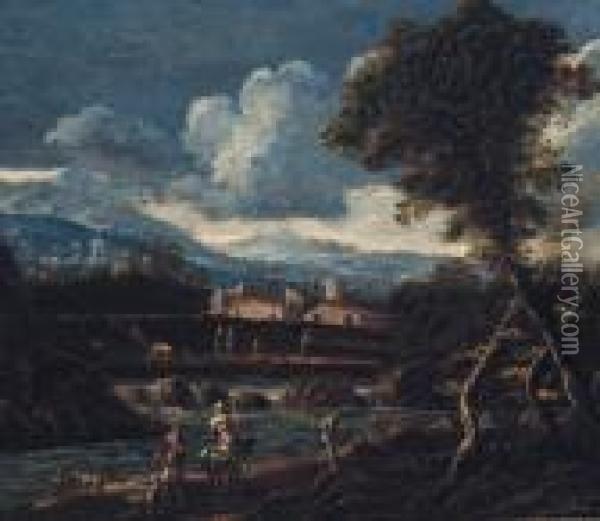 A River Landscape With Peasants On A Track, A Village And Mountainsbeyond Oil Painting - Alessandro Magnasco
