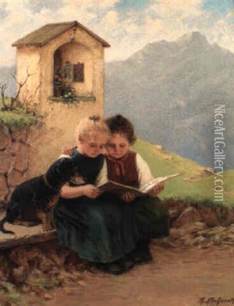 Two Young Girls And A Dachshund In An Alpine Landscape Oil Painting - Theodor Kleehaas