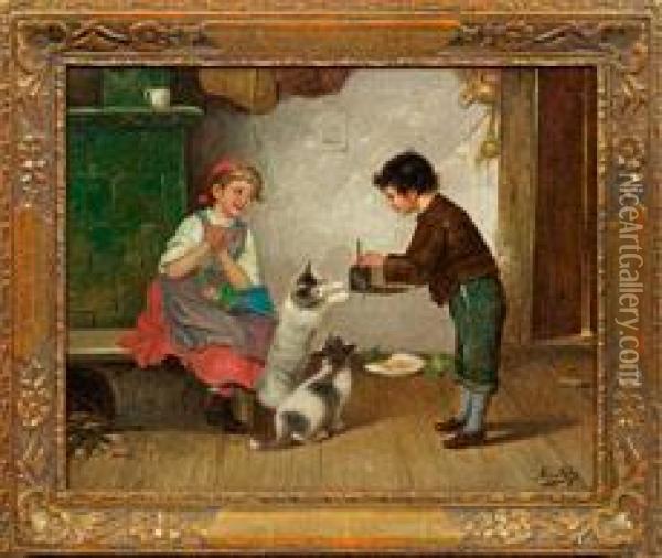 Bauernkinder Mit Katzenund Tauben Oil Painting - Josef Johann Suss