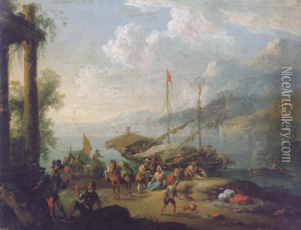 Stevedores Unloading Their Vessels At Sunset Beside Classical Ruins Oil Painting - Norbert Joseph Carl Grund