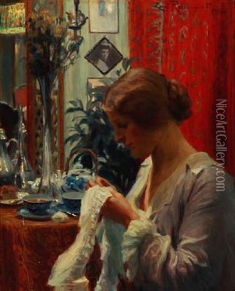 Interior With A Woman With Her Needlework Oil Painting - Christian Emil Rosenstand