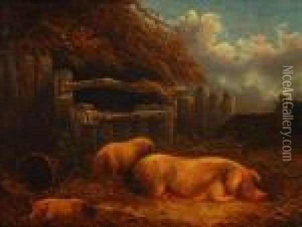A Pigsty With A Sowand Her Piglets Oil Painting - George Morland