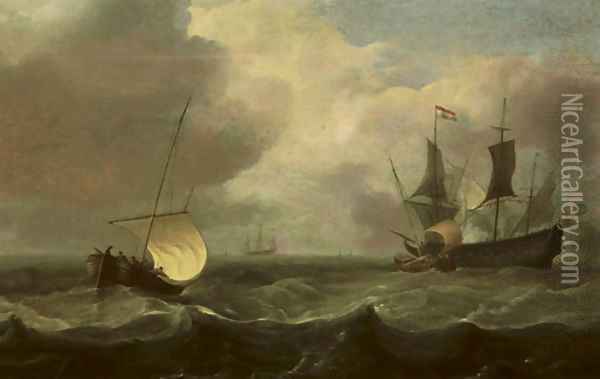 Sailing vessels in a stiff breeze with a man o'war firing a salute Oil Painting - Hendrik Jakobsz. Dubbels