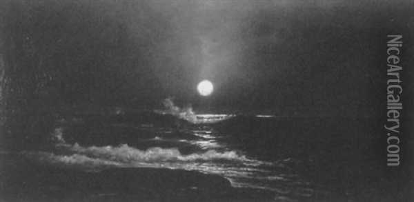 Coastal Surf By Moonlight Oil Painting - Harry E. Greaves