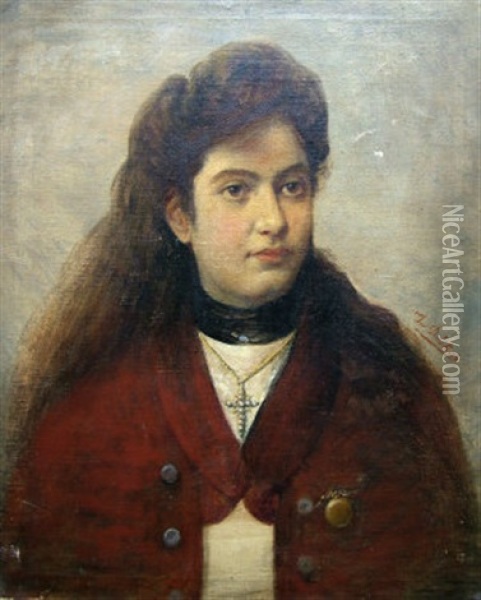 Portrait Of A Lady, In A Red Coat Oil Painting - Ioannis Doukas
