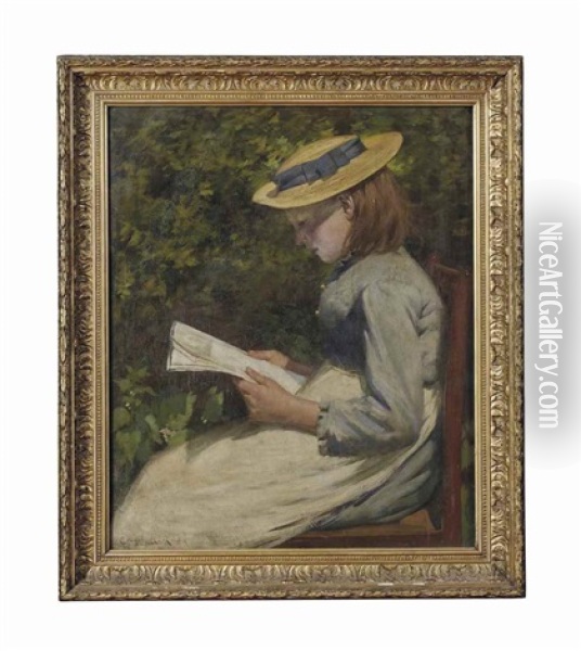 Jeune Fille Au Chapeau De Paille Lisant Oil Painting - Ernest Higgins Rigg