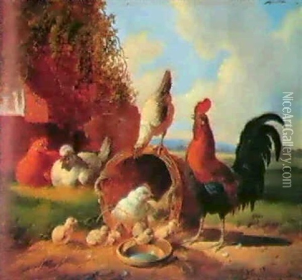 Poultry In A Landscape Oil Painting - Cornelis van Leemputten