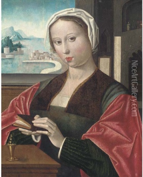 A Lady, As The Magdalen, In An Interior Holding A Book, A Landscape Beyond Oil Painting -  Master of the Female Half Lengths