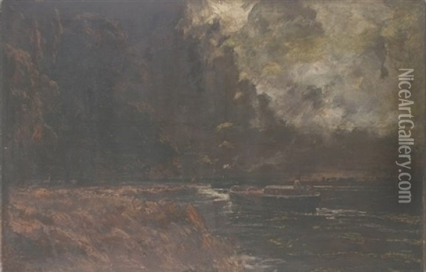 Boats Along The Coast- Nocturnal Oil Painting - Edwin John Ellis