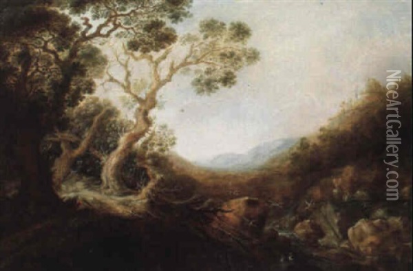 Paysage De Riviere Dans Des Montagnes Avec Deux Cerfs Oil Painting - Gillis Claesz De Hondecoeter
