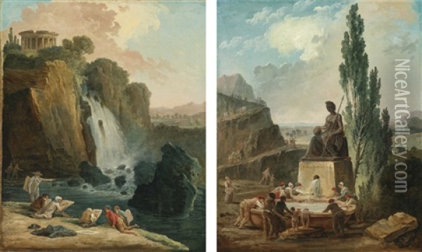 The 'fountain Of Liberty'; Artists Sketching At Tivoli (pair) Oil Painting - Hubert Robert