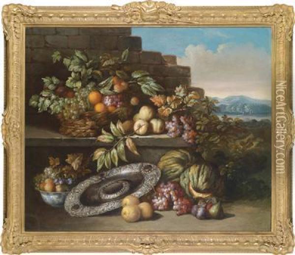 A Still Life Of Fruit In A Silver Dish On A Pedestal In A Vast Landscape Oil Painting - Jan Pauwel Gillemans The Elder