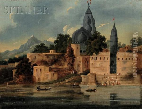 View Of Benares [varanasi] Along The River Ganges, Uttarpradesh, India Oil Painting - Charles Baronet D'Oyly