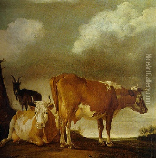 Scene Pastorale: Deux Vaches Et Une Chevre Dans Un Paysage Hollandais Oil Painting - Paulus Potter