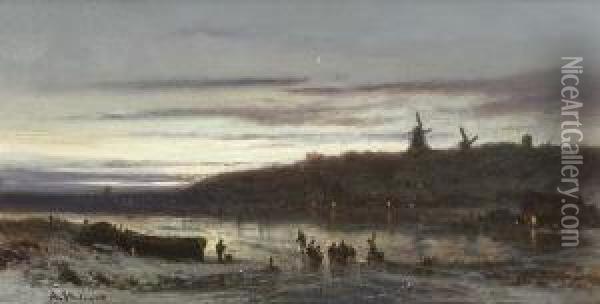 Hollandische Winterlandschaft Im
 Abendlicht. Oil Painting - Adolf Stademann