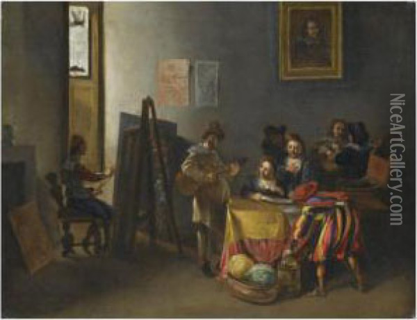 An Artist's Studio With Models 
Sitting For A Genre Painting, Or An'allegory Of The Five Senses' Oil Painting - Michelangelo Cerqouzzi