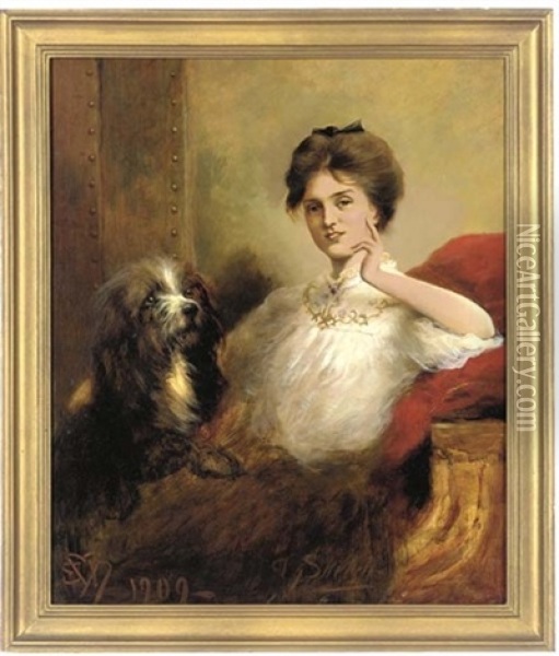 Portrait Of A Lady In A White Blouse With Lace Trim, A Terrier To Her Side Oil Painting - Edwin Douglas