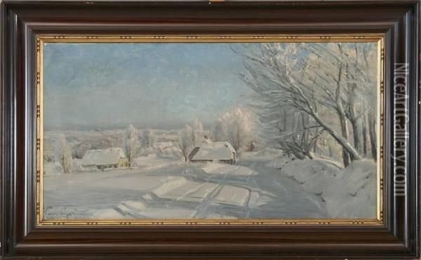 A Winter Landscape Oil Painting - Hans Agersnap