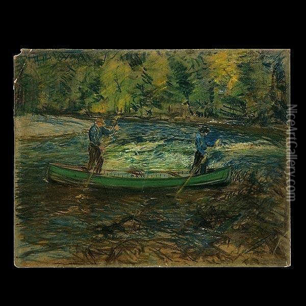 . Twomen In A Canoe. Oil Painting - Arthur C. Goodwin