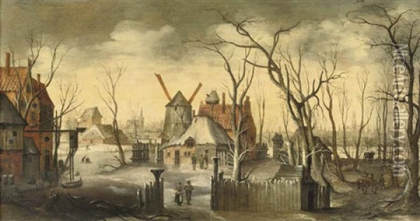 A Village In Winter With Figures At Their Daily Activities, A View Of A Town (bruges?), In The Background Oil Painting - Philips de Momper the Elder
