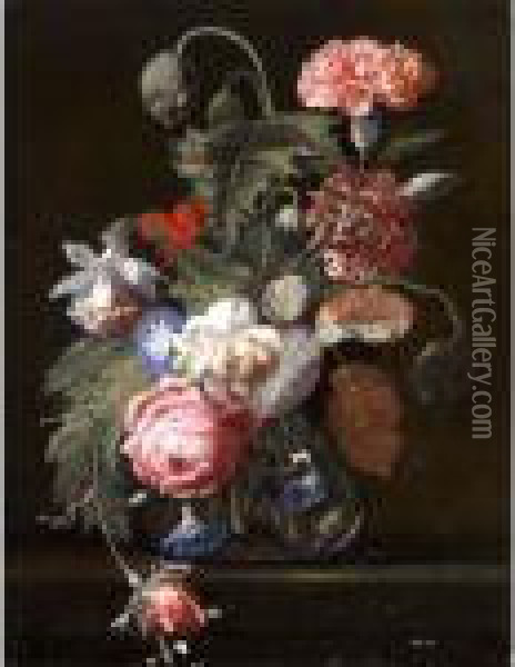 Still Life With Carnations, Roses, Poppies And Other Flowers In A Vase Oil Painting - Simon Pietersz. Verelst