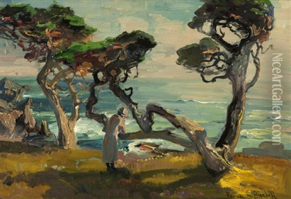 Cypress & Sea, The Artist's Wife Near The Carmel Coast Oil Painting - Franz Arthur Bischoff