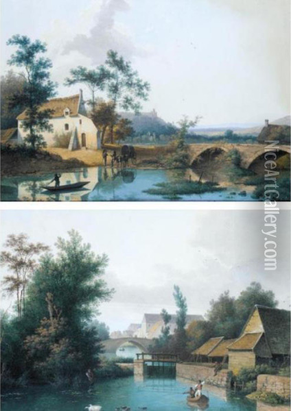 A Pair Of River Landscapes: With Peasants Fishing And Journeymen Watering Their Donkeys Oil Painting - Henri Knip