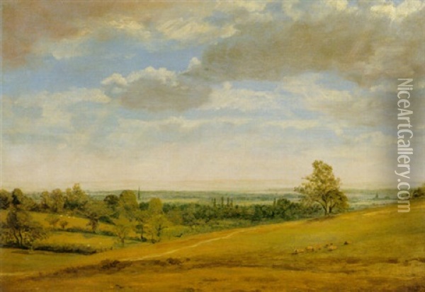 Landscape With A Distant Spire Oil Painting - Lionel Bicknell Constable