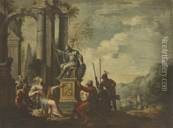 Artemisia Toasting The Statue Of Her Dead Husband Mausolus With Wine Mixed With His Ashes Oil Painting - Giovanni Ghisolfi