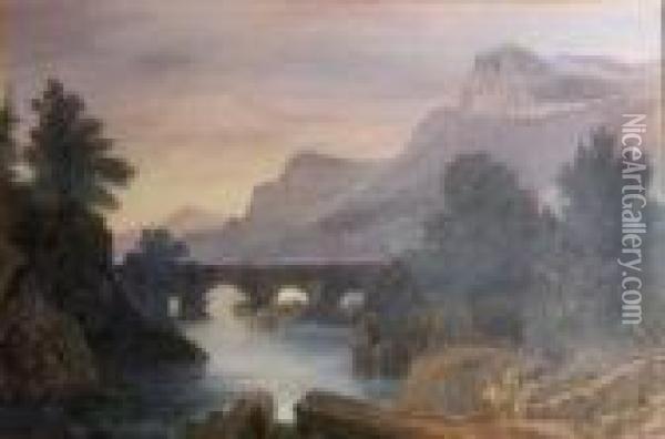 An Angler In A Mountainous River Landscape Oil Painting - Patrick, Peter Nasmyth