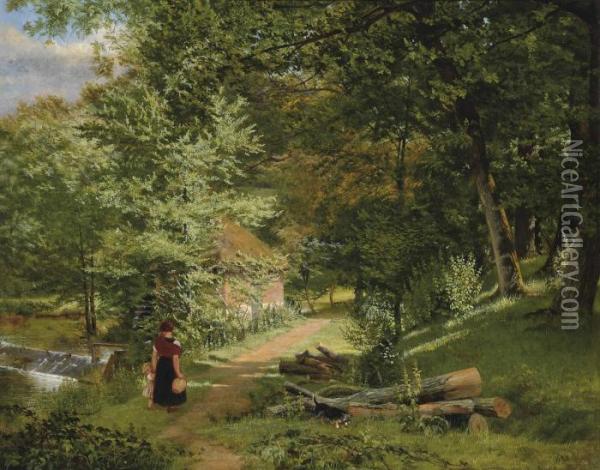 A Mother And Child On A Wooded Path Before A Watermill Oil Painting - William Frederick Witherington