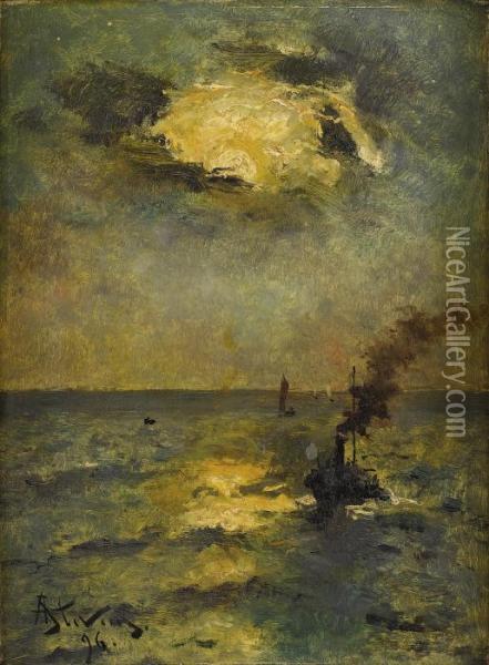 Ships, Sun Breaking Through Clouds Oil Painting - Aime Stevens