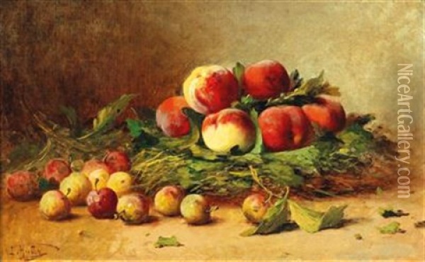 Still Life With Peaches And Mirabelle Plums Oil Painting - Leon Charles Huber