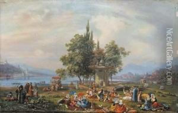 Repas Oriental Au Bord Du Bosphore (constantinople). Oil Painting - Auguste Etienne Fr. Mayer