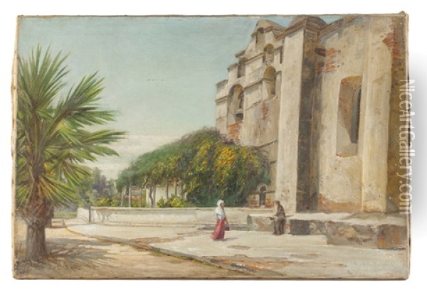 Two Figures Outside San Gabriel Mission Oil Painting - Charles Albert Rogers