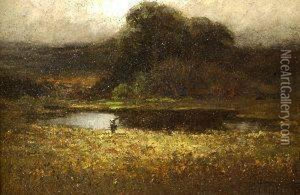Charles H. Freeman . Landscape With Figure Near Pond Oil Painting - Charles H. Freeman