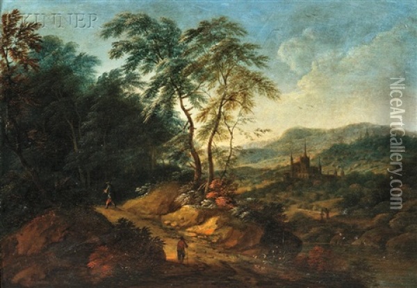 Landscape With Travelers On A Dirt Road And Distant Castle Oil Painting - Maximilian Joseph Schinagl