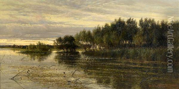 A River Landscape At Sunset Oil Painting - Charles James Lewis